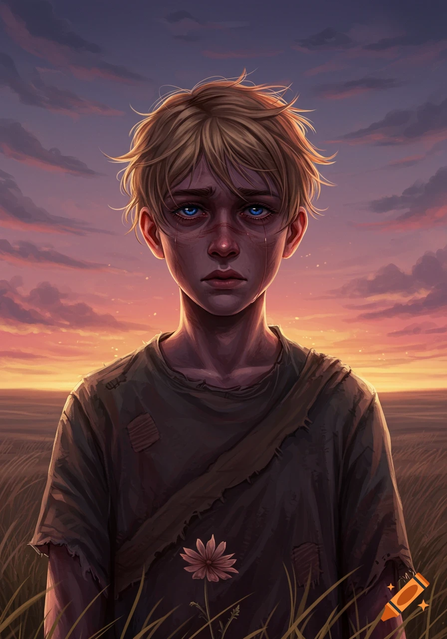 Digital painting of a sad, crying blond boy with blue eyes, wearing battered clothes, standing in a field at sunset.