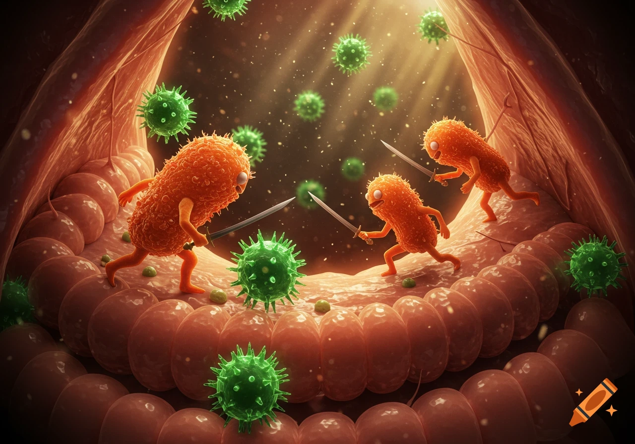 Cartoon-like orange bacteria wielding swords battle green viruses within an internal organ.