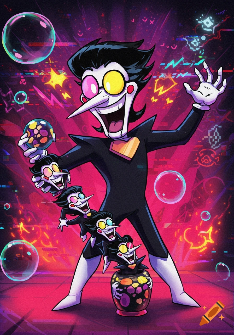 Spamton from Deltarune, a cartoon character, holding a smaller version of himself, which holds another, and so on, surrounded by bubbles and glitch art.