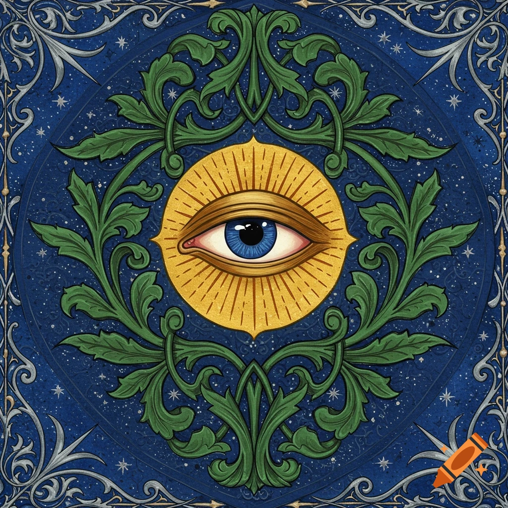 A symbolic blue eye radiating light, surrounded by green ornate foliage and a starry blue background in medieval manuscript art style.