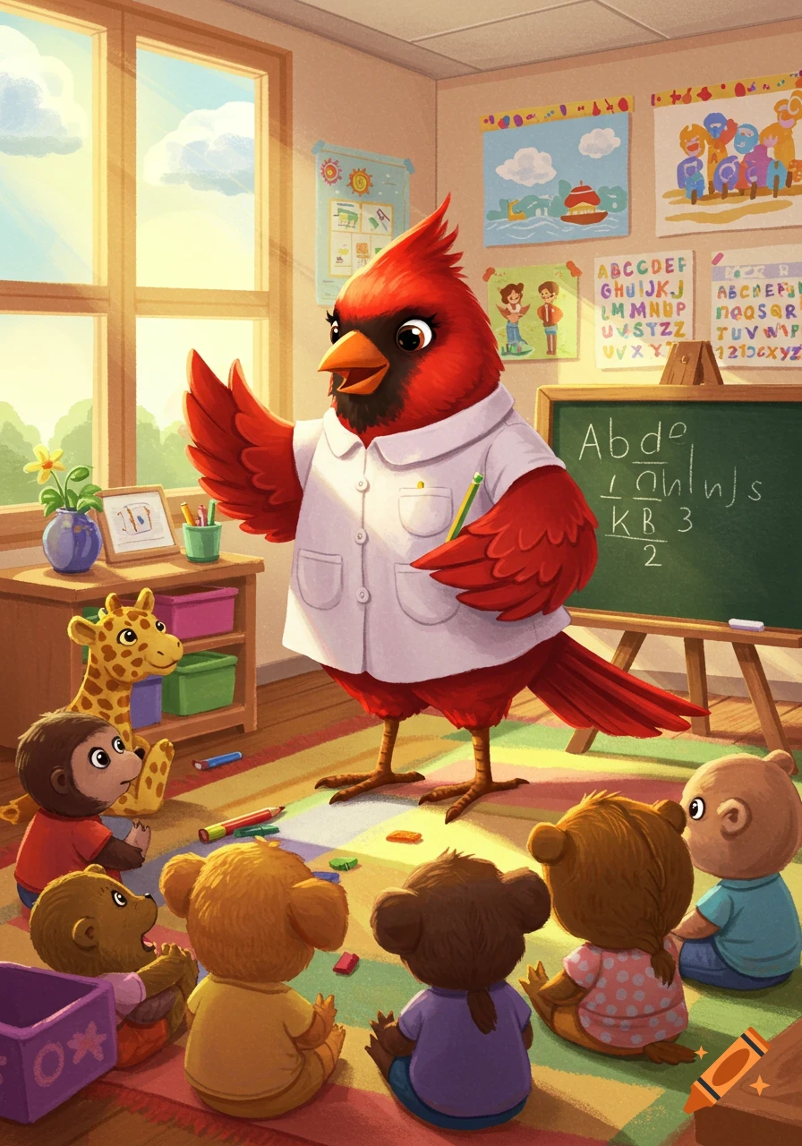 A cheerful cartoon cardinal teacher in a white lab coat teaches a class of adorable animal students in a brightly lit pre-K classroom.