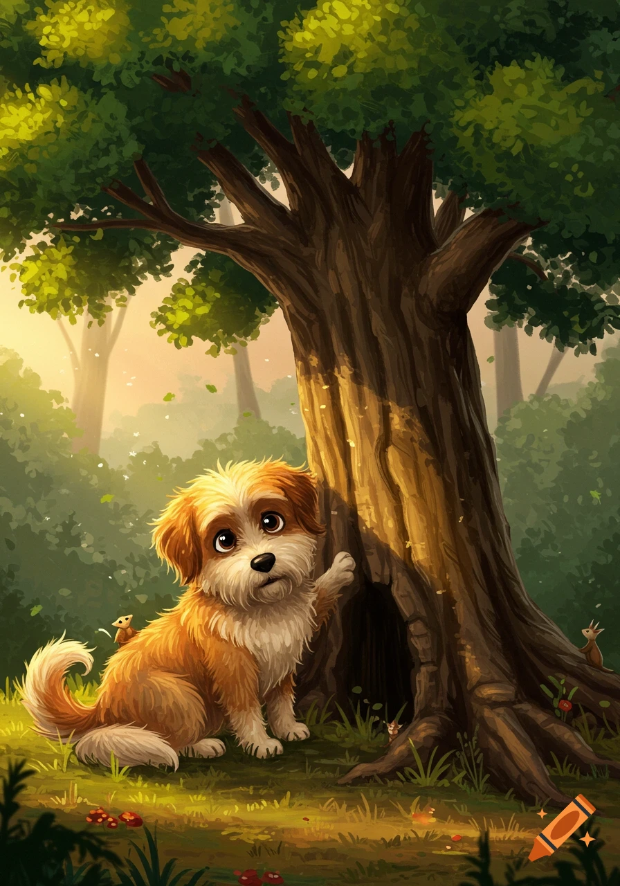 A cute, fluffy cartoon dog sits next to a large tree in a sunlit forest, with small animals nearby.