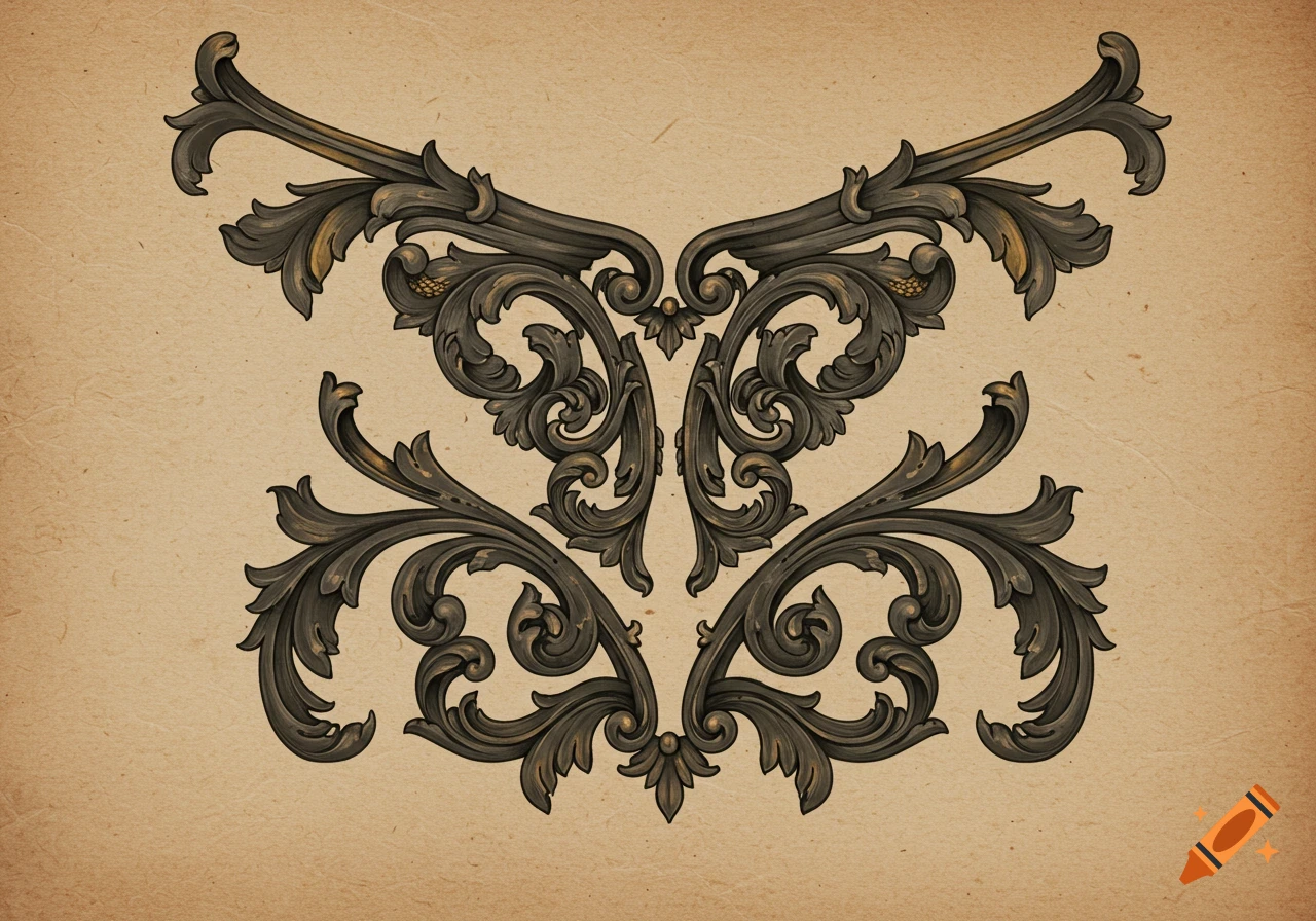 A detailed, symmetrical dark bronze scrollwork design with golden accents on a textured light brown paper background.