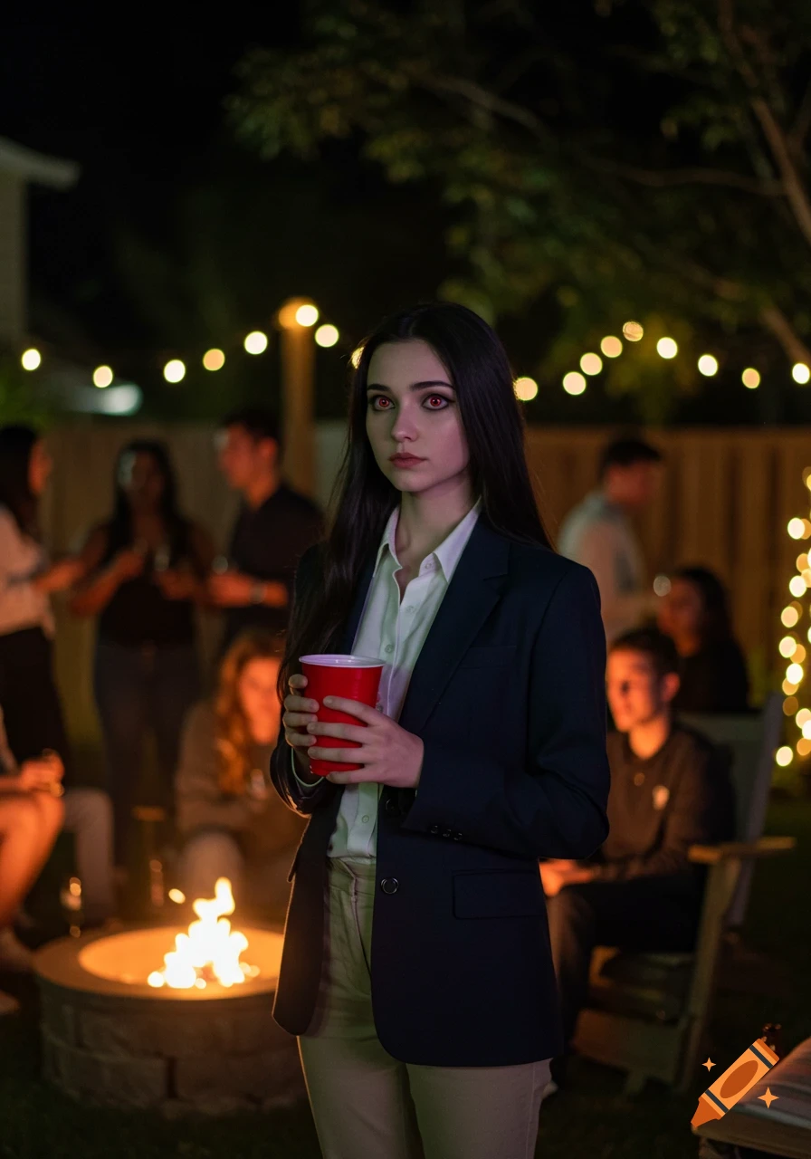 A pale woman with long black hair and red eyes, dressed in preppy clothing, holds a red cup at a dimly lit backyard party with a fire pit and blurred guests.