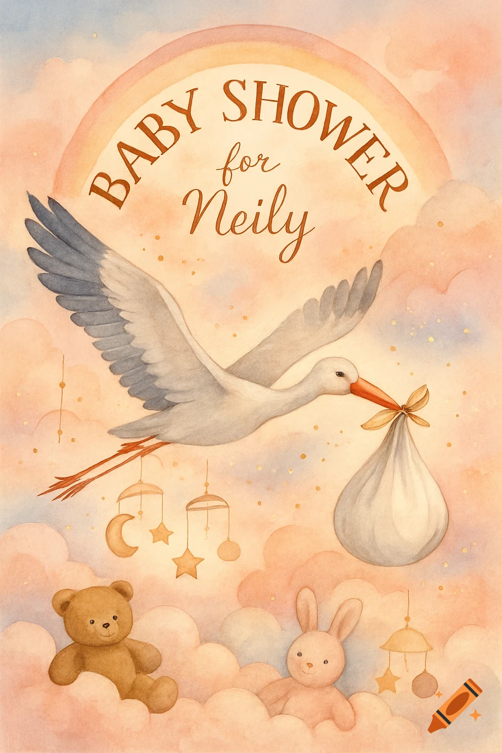 Watercolor baby shower announcement with a stork, rainbow, clouds, and stuffed animals. Text: BABY SHOWER for Neily.