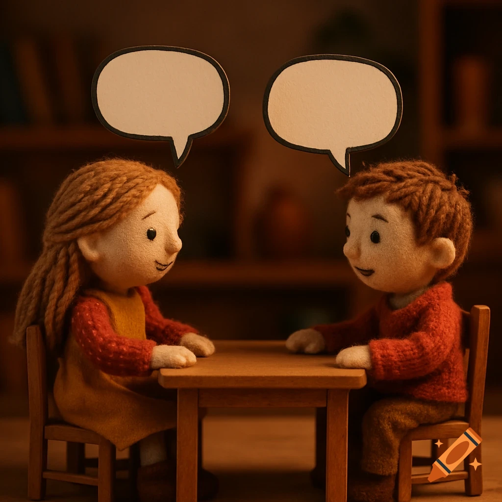 Two felt dolls, a girl and a boy, sit across a wooden table with empty speech bubbles above their heads in a warm, stop-motion style.
