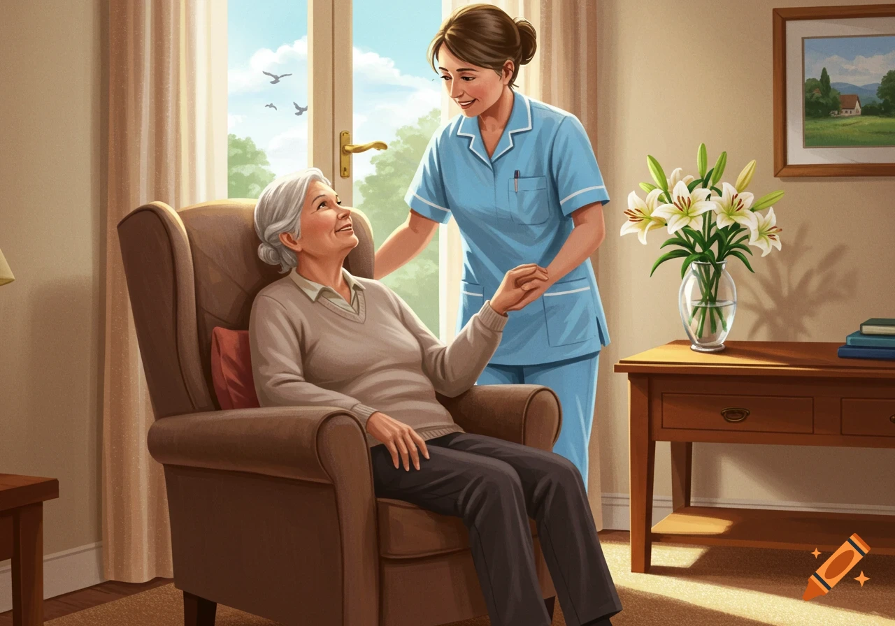 An illustration of a smiling caregiver in blue scrubs holding the hand of an elderly woman seated in a brown armchair in a bright room.