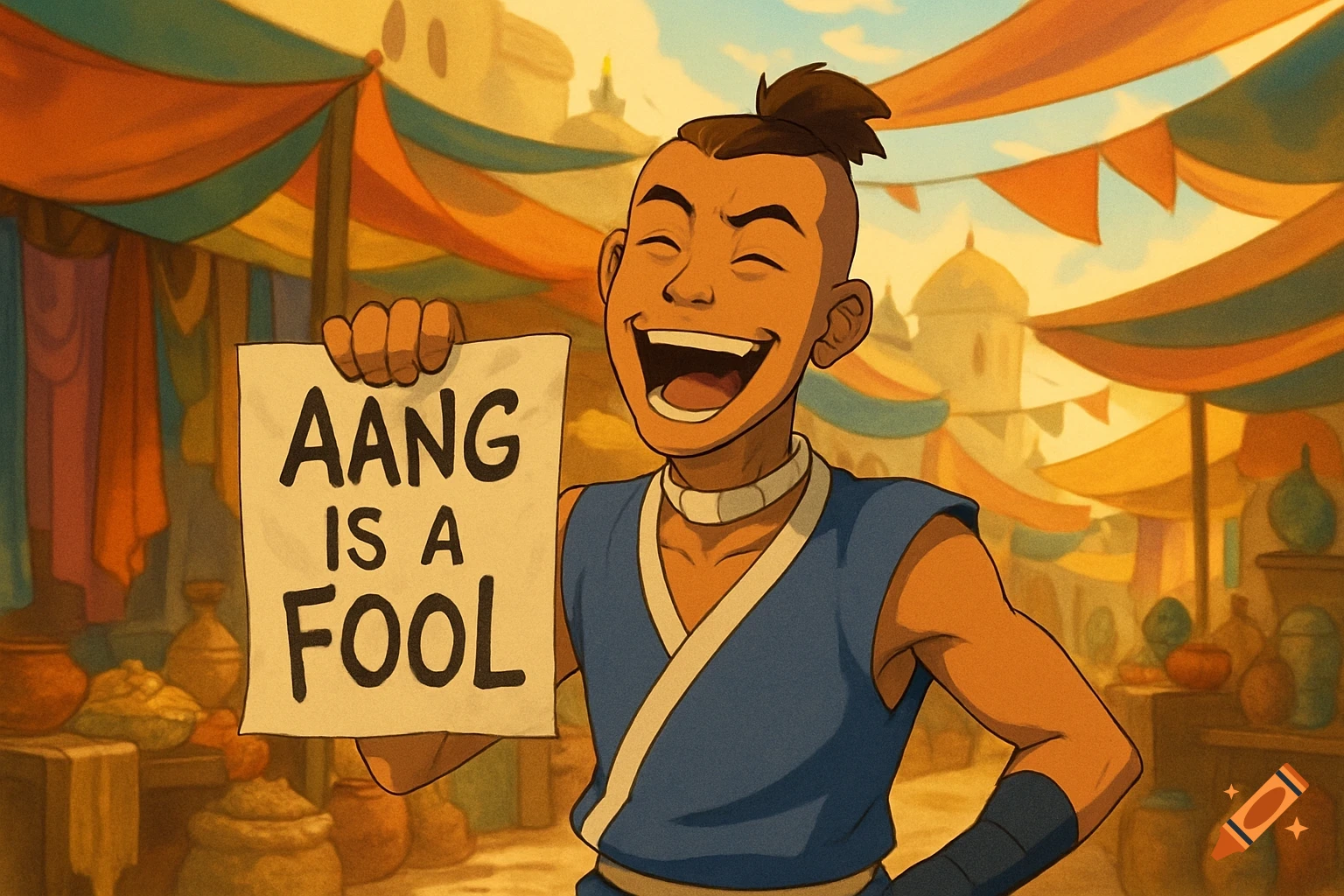 Cartoon Sokka from Avatar: The Last Airbender laughing in a market while holding a sign that reads 'AANG IS A FOOL'.