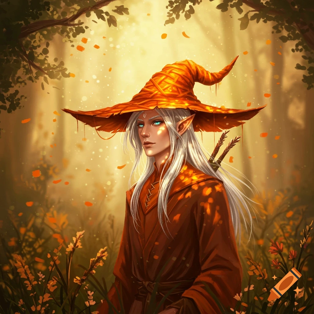 An elf with white hair and blue eyes, wearing a large orange hat and robe, stands in a golden autumn forest. Digital fantasy art.