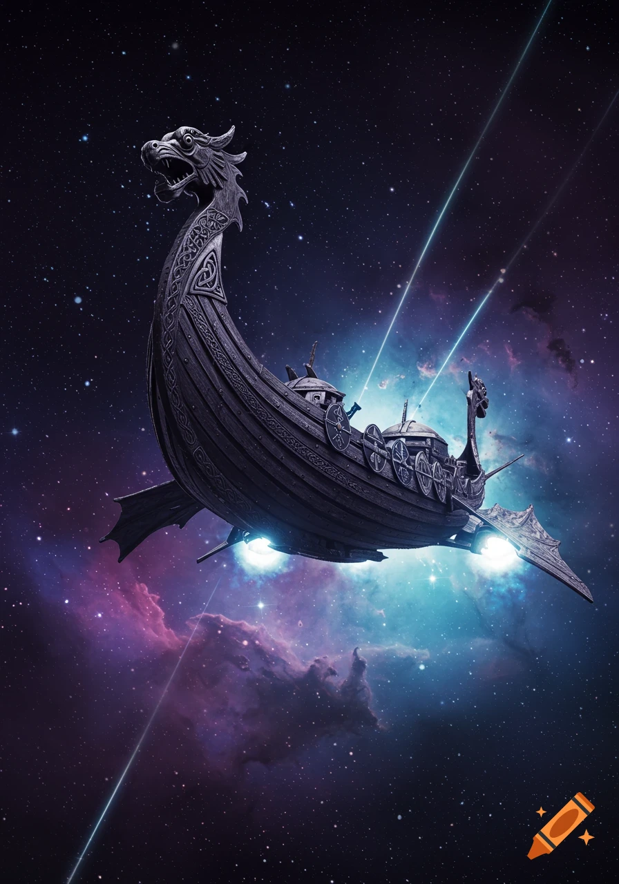 A dark, ornate Viking longship with glowing engines flies through a colorful star-filled nebula in deep space.