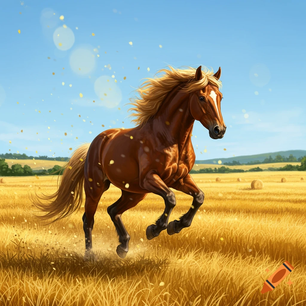 A brown horse with a blonde mane and tail gallops through a golden hay field under a blue sky, with golden particles in the air.