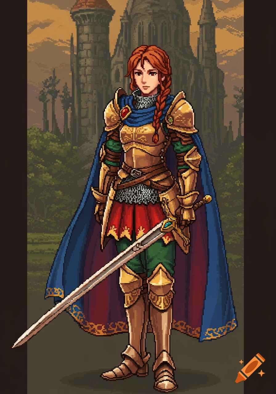 Pixel art of a red-haired female knight in golden armor and blue cape, holding a sword, standing before a castle.