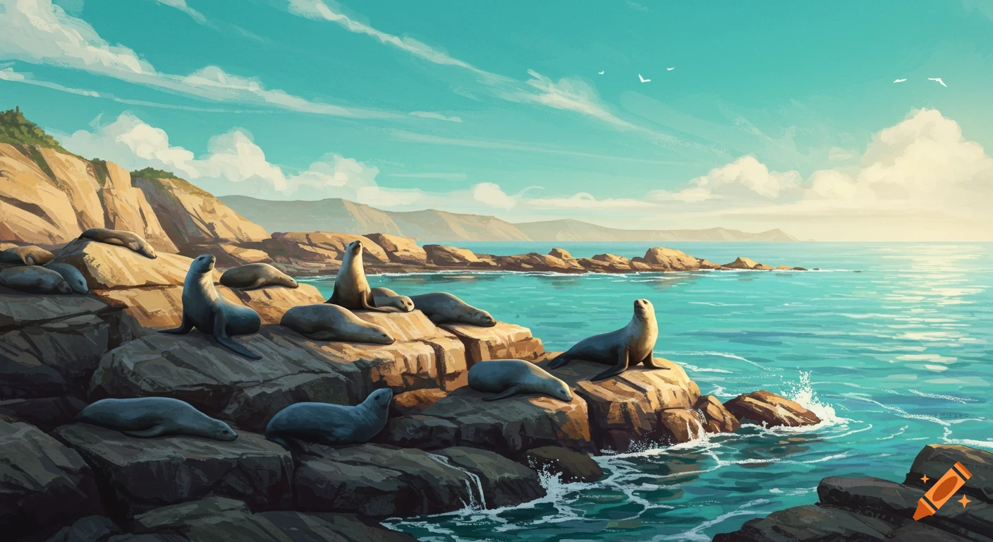 Illustration of seals lying on rocky coastline beside a turquoise ocean under a blue sky.