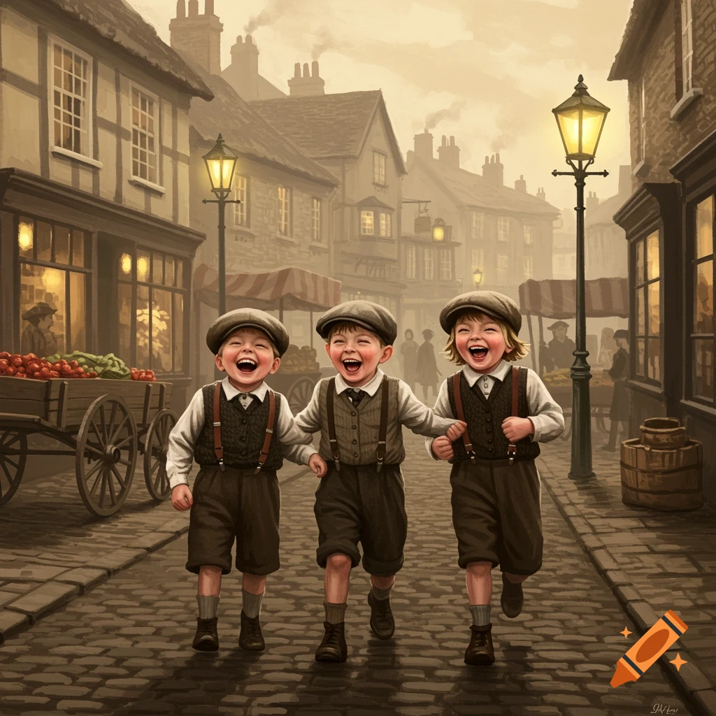 Three laughing boys in flat caps and suspenders run hand in hand down a historical cobblestone street, illustrated.