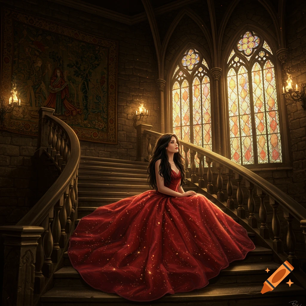 A dark-haired girl in a flowing red ballgown sits on a grand castle staircase with stained-glass windows, digital painting style.