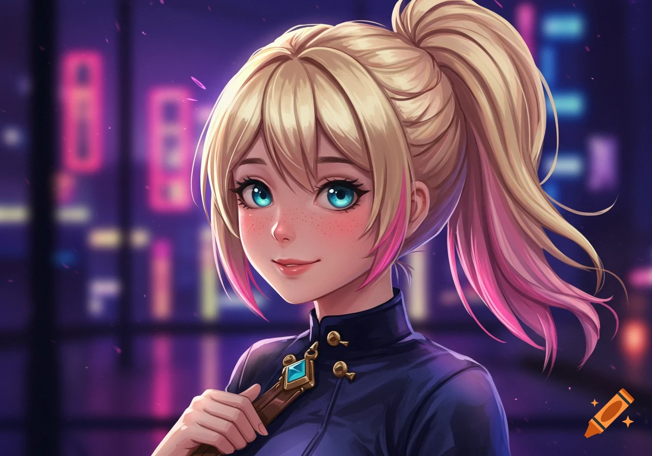 Anime portrait of a blonde girl with pink highlights, blue eyes, freckles, and a ponytail against a blurred neon city night.