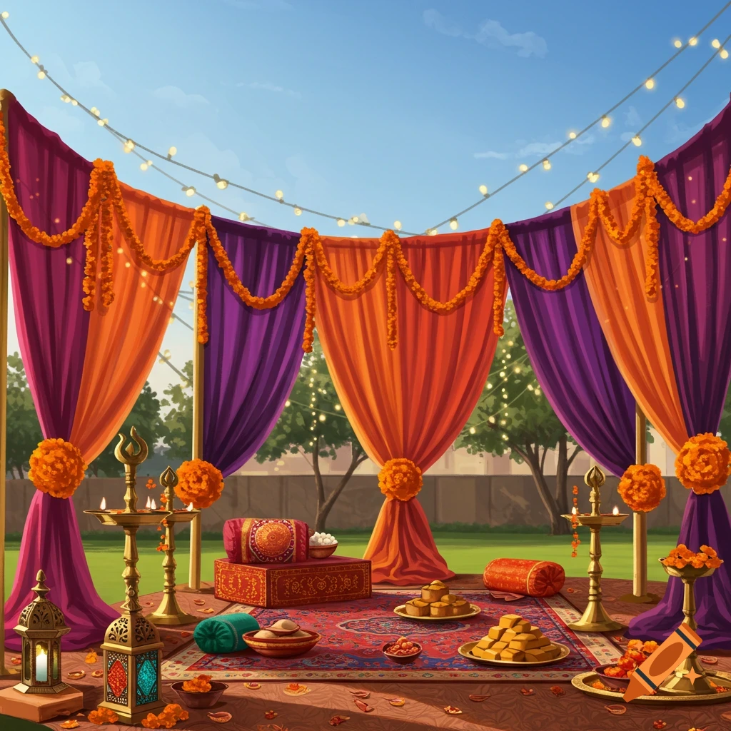 A vibrant outdoor Diwali celebration setup with orange and purple drapes, marigold garlands, string lights, diyas, and traditional sweets.