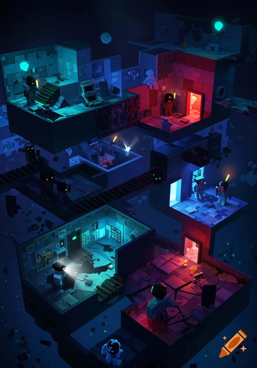 Isometric voxel art of a multi-level game dungeon with blocky characters, shadowy entities, and glowing blue and red lights.