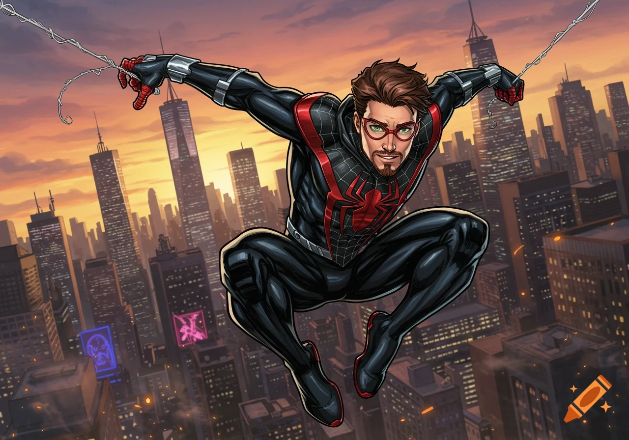 Arachnid Prime, a male superhero in a black suit with red web patterns, swings over a city skyline at sunset, comic book art.