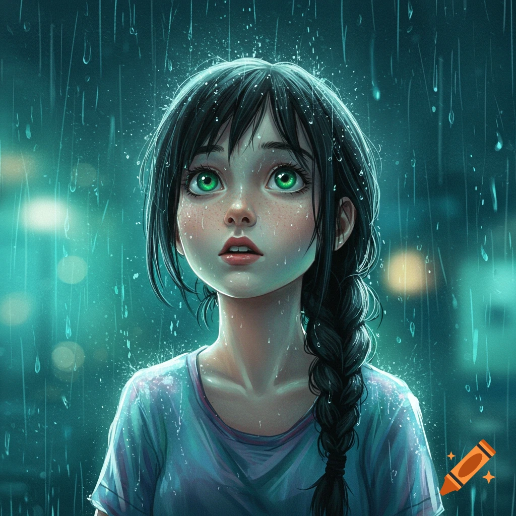 Stylized illustration of a girl with green eyes and a black braid looking up in wonder into the rain.