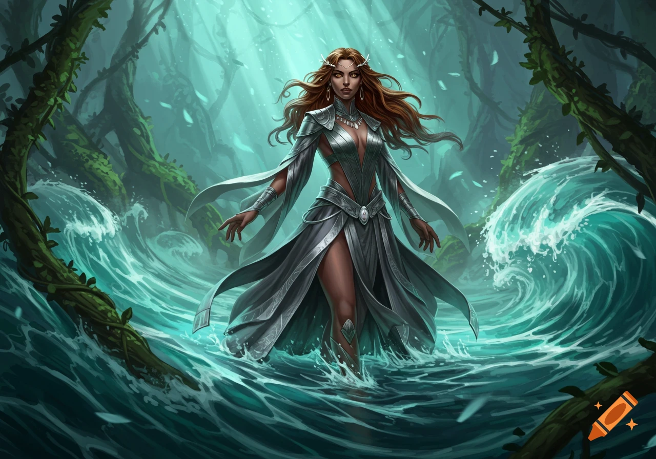 Fantasy woman with red-brown hair in a silver-grey dress standing in mystical green water, surrounded by ancient, vine-covered trees.