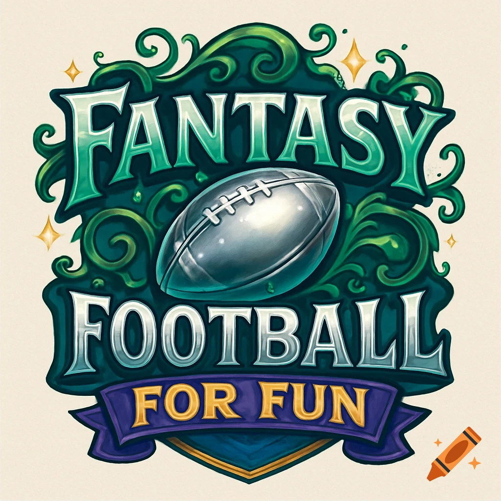 Stylized fantasy football logo with a silver football, text 'Fantasy Football For Fun' on an ornate dark green background.