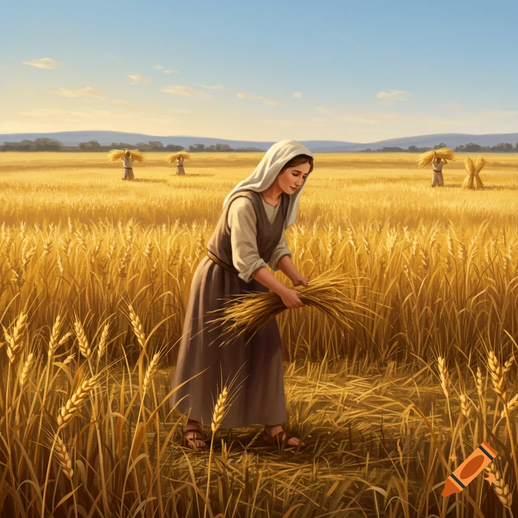 A woman in a white head covering and simple dress harvests grain in a vast golden wheat field under a blue sky.