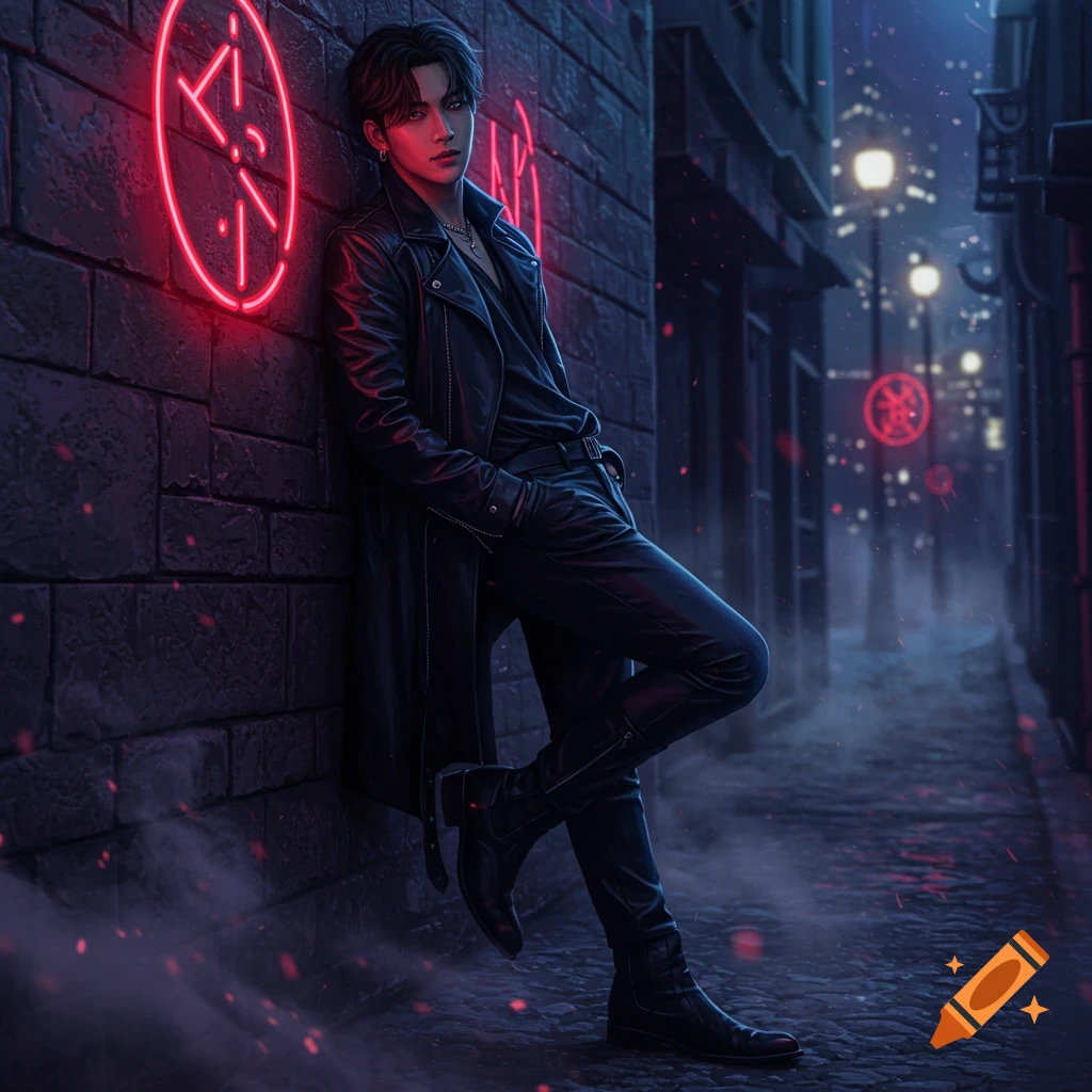 A dark-haired man in a black leather trench coat leans against a brick wall lit by a red neon symbol in a rainy, dark alley.