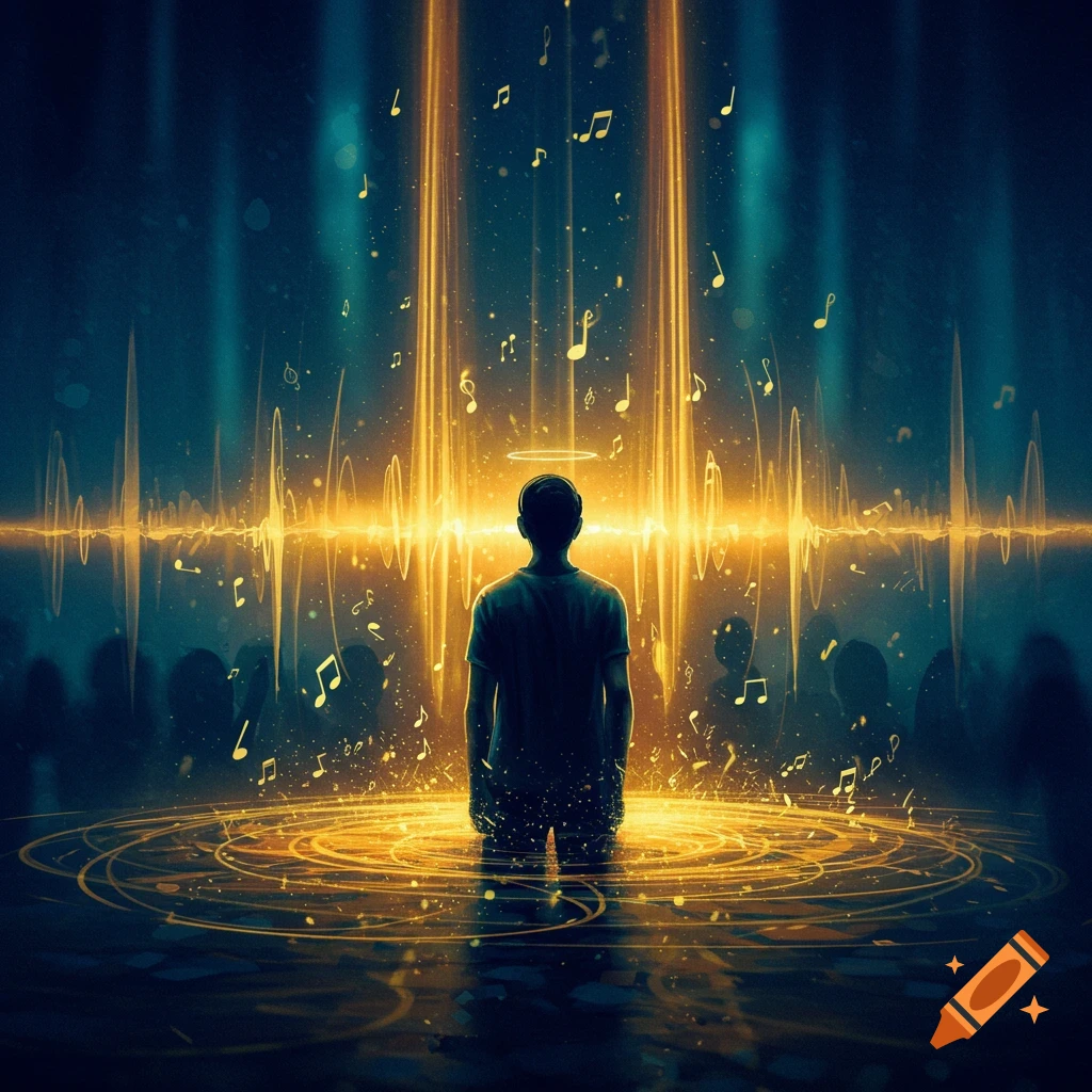 A silhouette of a person standing amidst glowing golden musical notes, light beams, and sound waves.