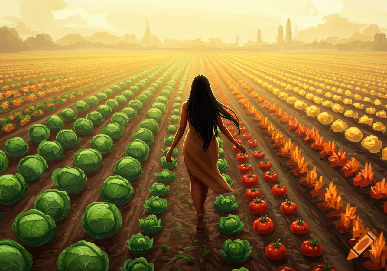 A digital painting of a woman walking through rows of vibrant green cabbage and red tomatoes in a sunlit field.