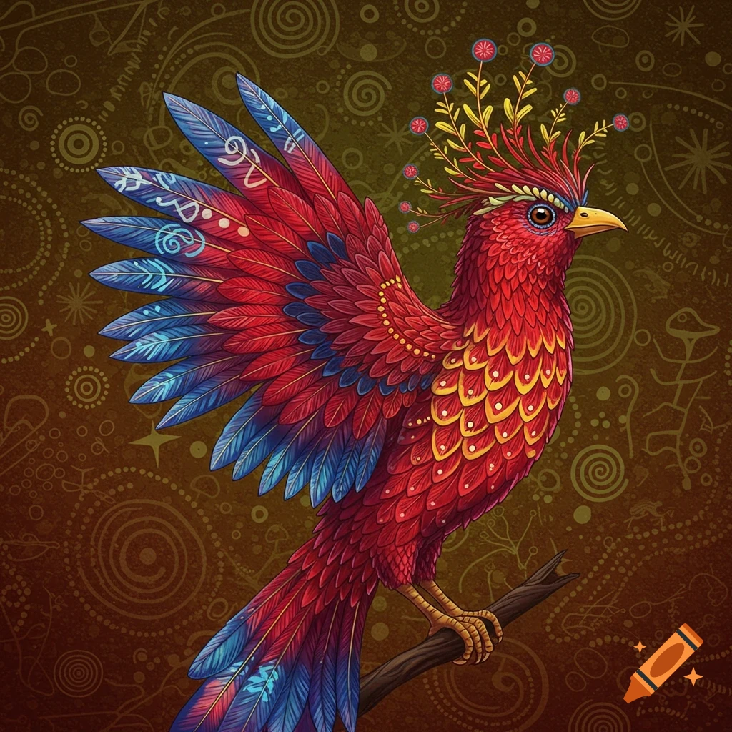 Vibrant abstract illustration of a red and blue exotic bird with golden scales and a floral crown, against a dark, patterned background.