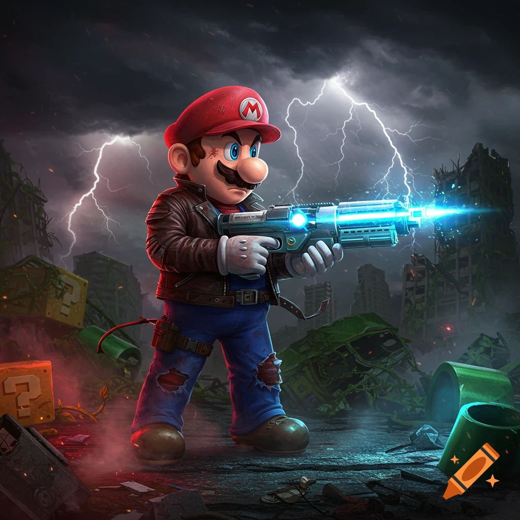 Gritty Mario in a leather jacket holds a glowing laser gun in a stormy, post-apocalyptic city with lightning and ruined buildings.