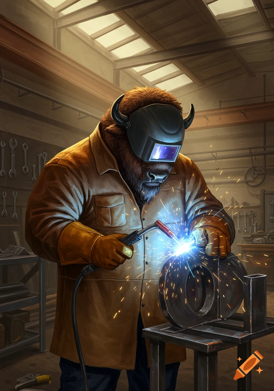 An anthropomorphic bison wearing a welding helmet and gloves, welding metal in a detailed workshop. Digital art.