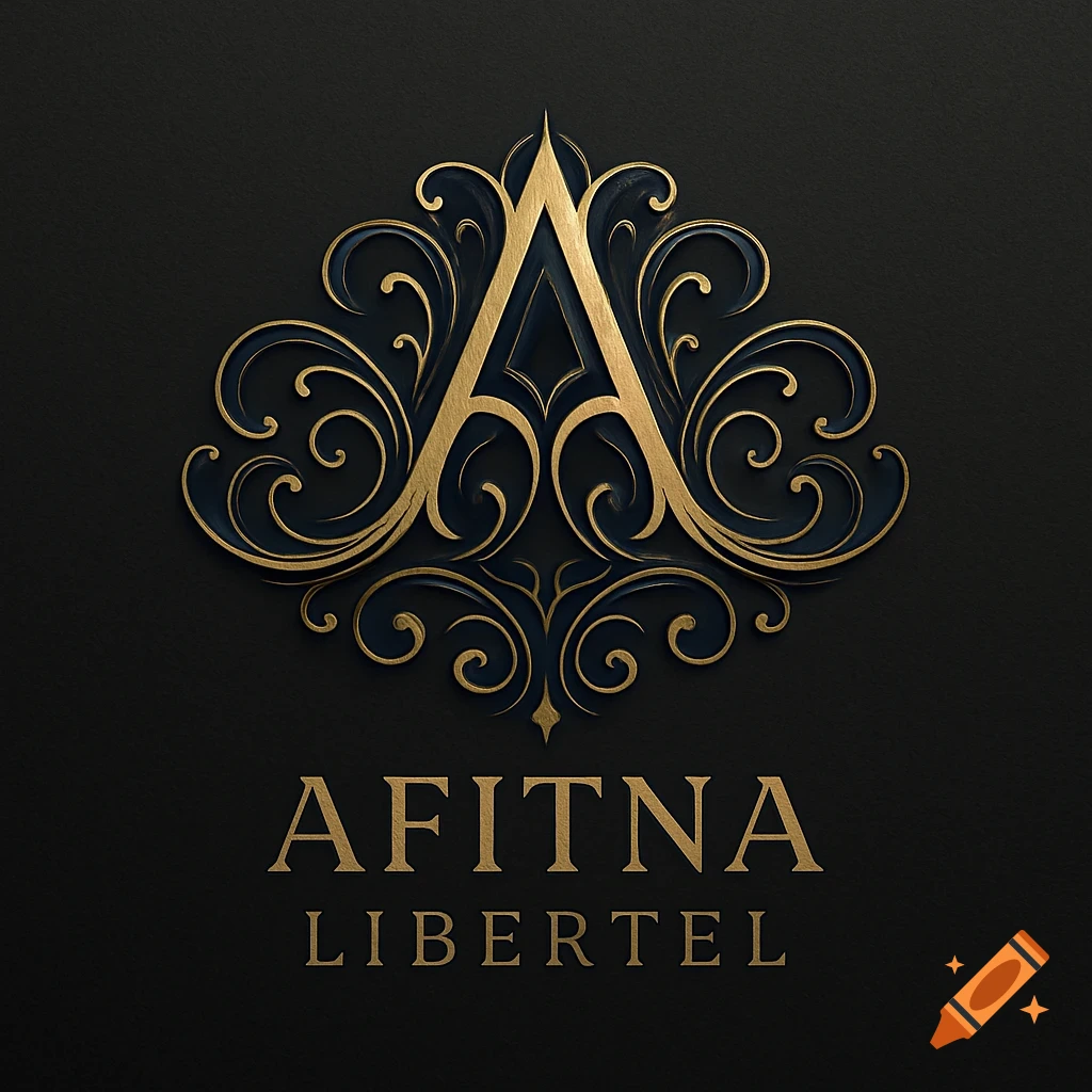 An elegant gold and dark blue ornate logo featuring a stylized 'A' with the words 'AFITNA LIBERTEL'.