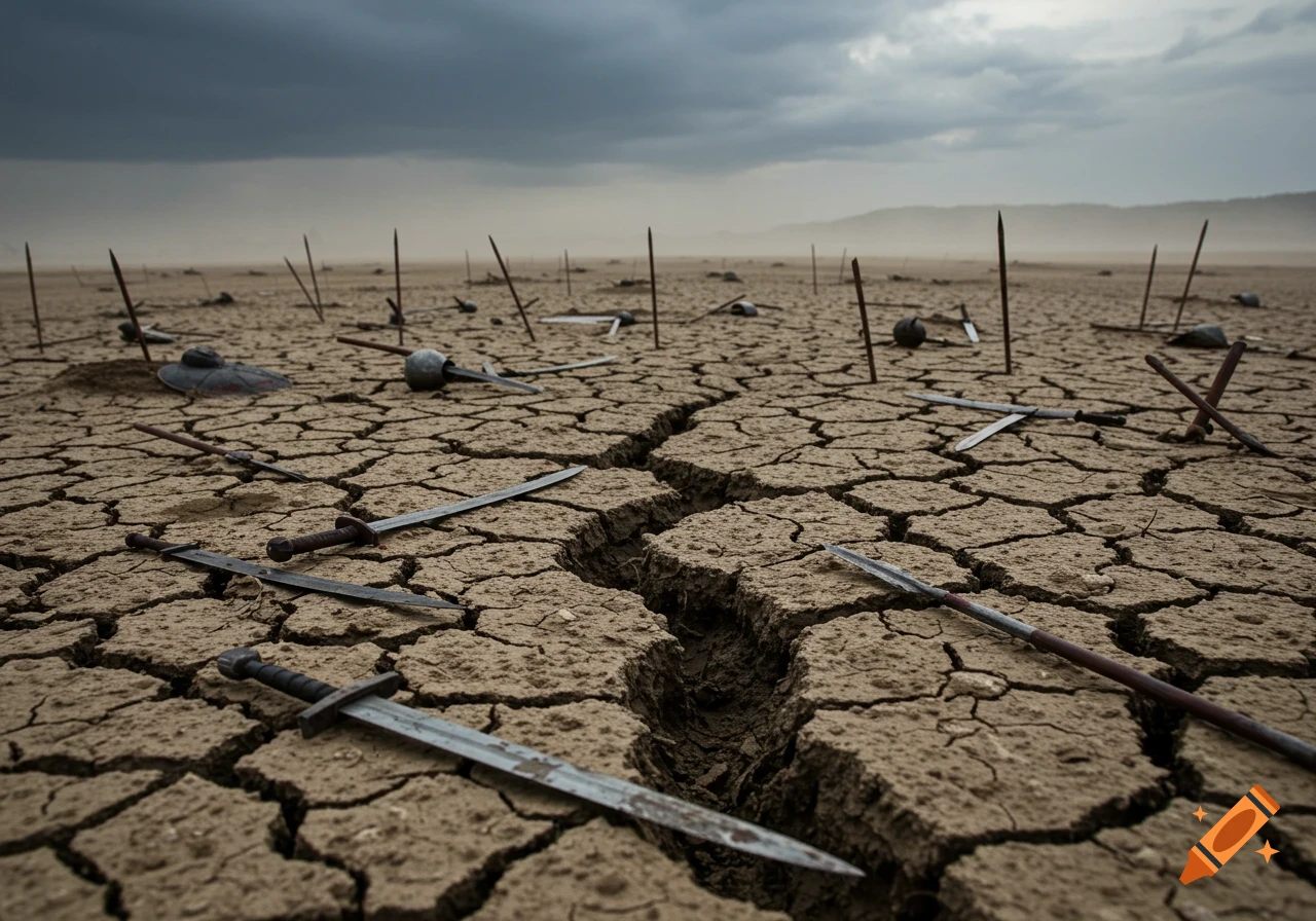 A desolate, cracked desert landscape littered with abandoned swords and spears under a dark, cloudy sky. Photorealistic.
