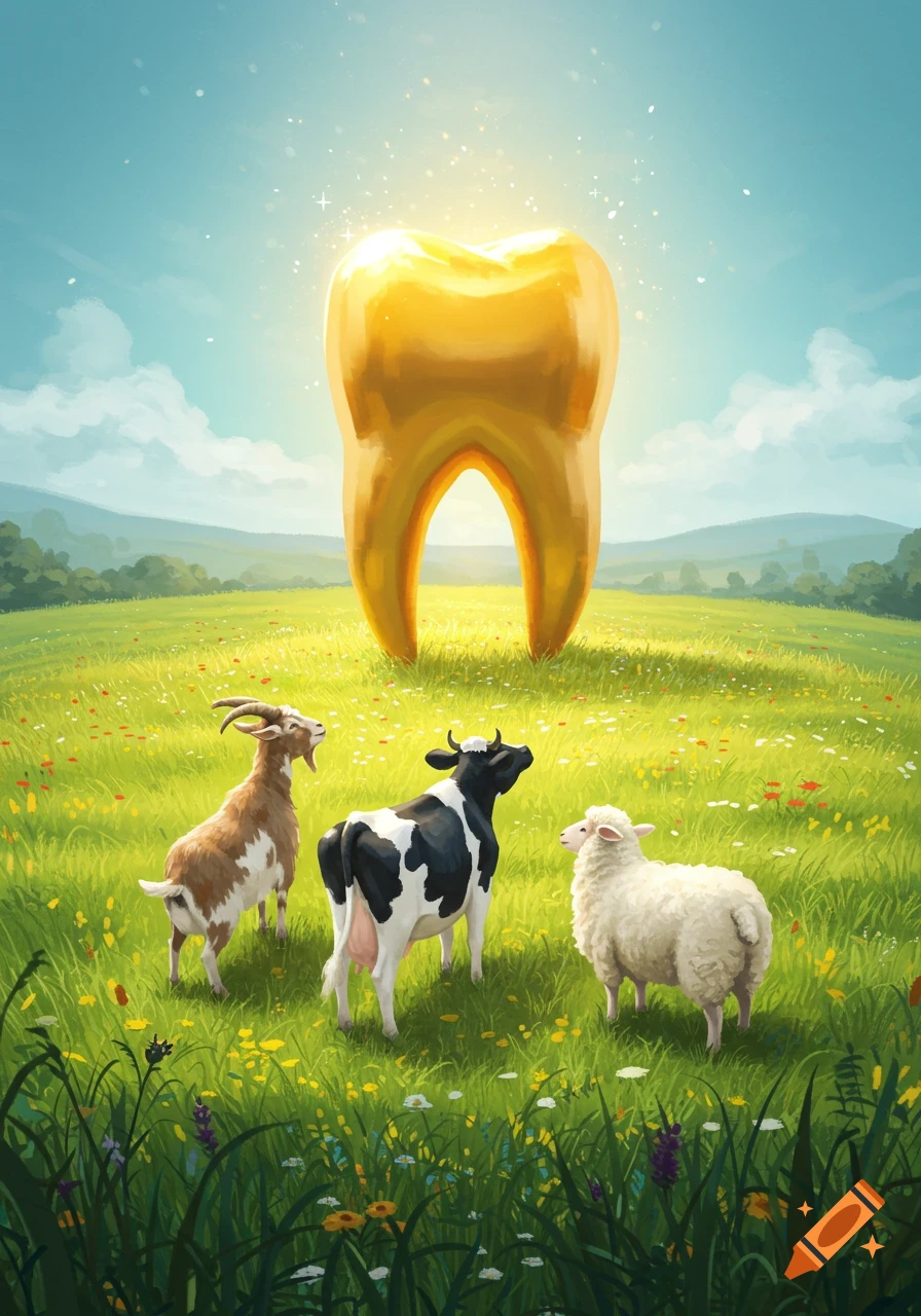 A goat, cow, and sheep stand in a vibrant green field, looking up at a giant glowing golden tooth statue under a blue sky.