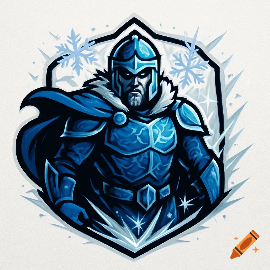 Stylized blue armored winter warrior logo with a fierce expression, ice, and snowflakes on a shield emblem.