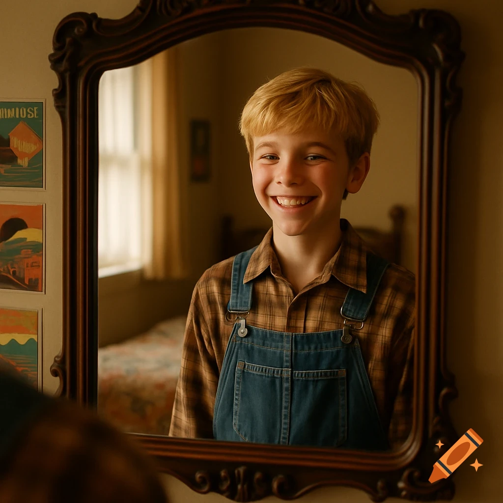 A smiling blond boy in overalls and a plaid shirt looks at his reflection in an ornate mirror in a warm, cozy bedroom.