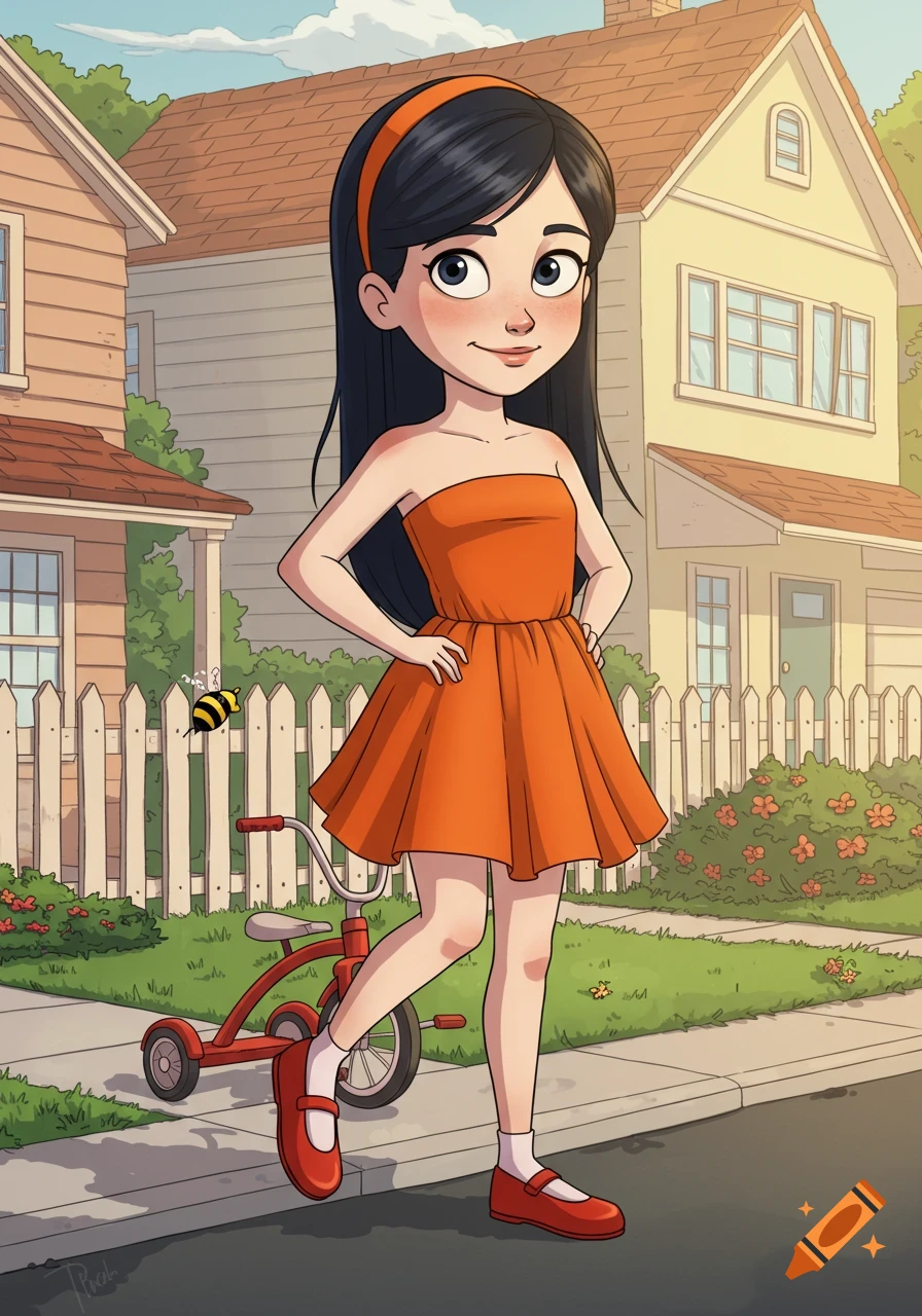 Cartoon of Violet Parr in an orange strapless dress and red shoes, standing on a suburban sidewalk next to a red tricycle and a bee.