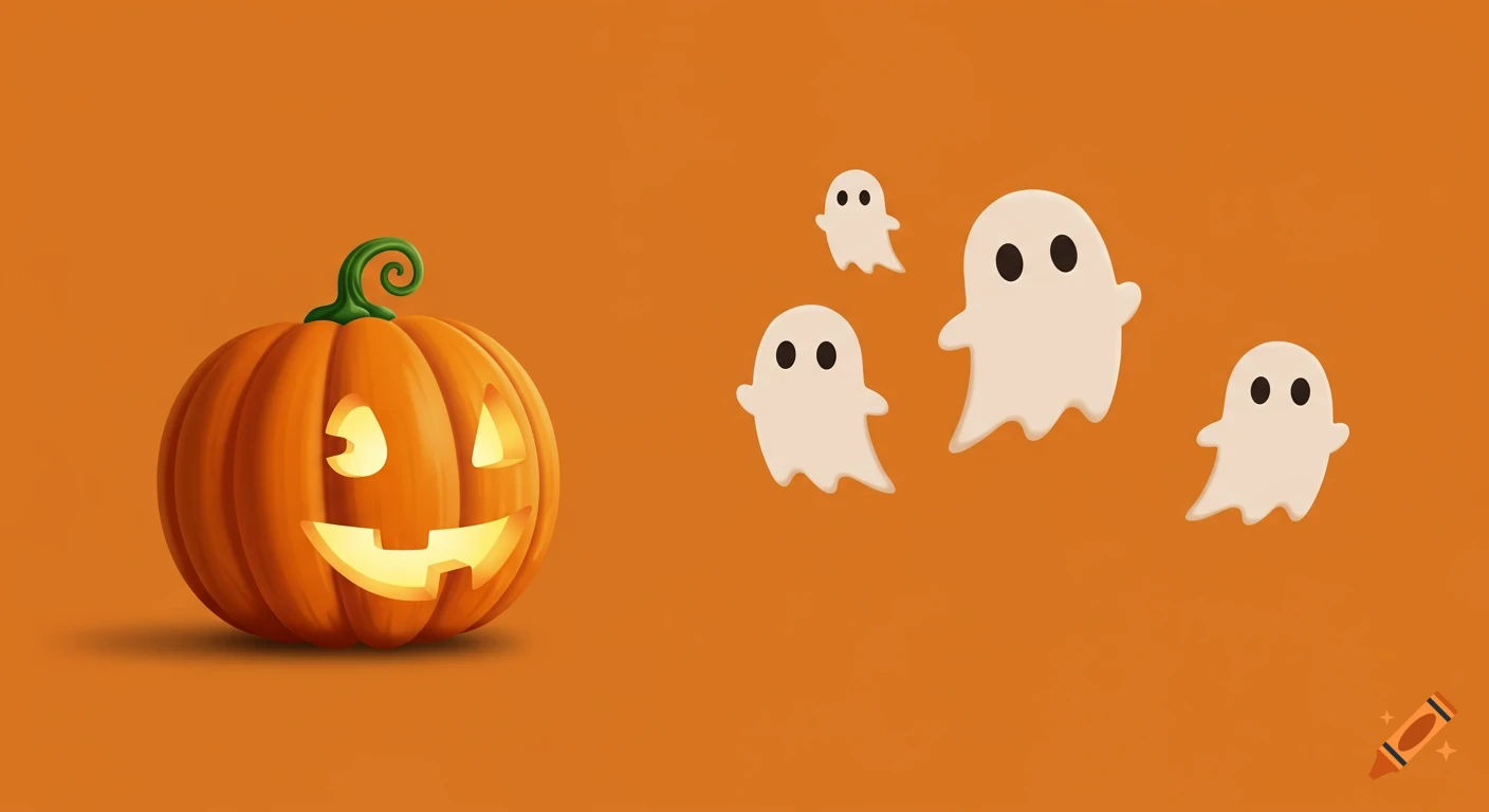 A minimalist illustration of a glowing jack-o'-lantern and four white cartoon ghosts on an orange background.