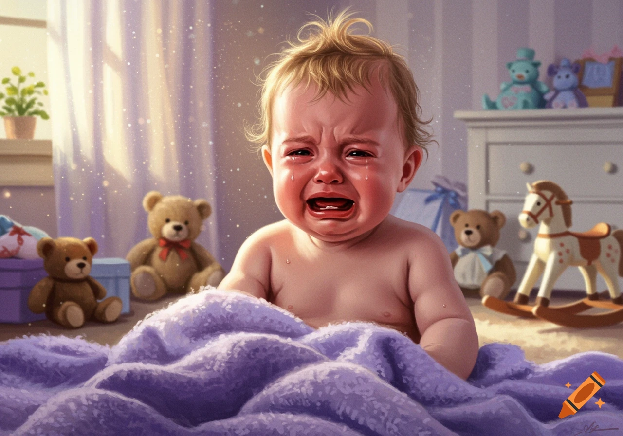 A close-up illustration of a crying baby with tears running down its face, sitting in a purple blanket in a nursery with toys.