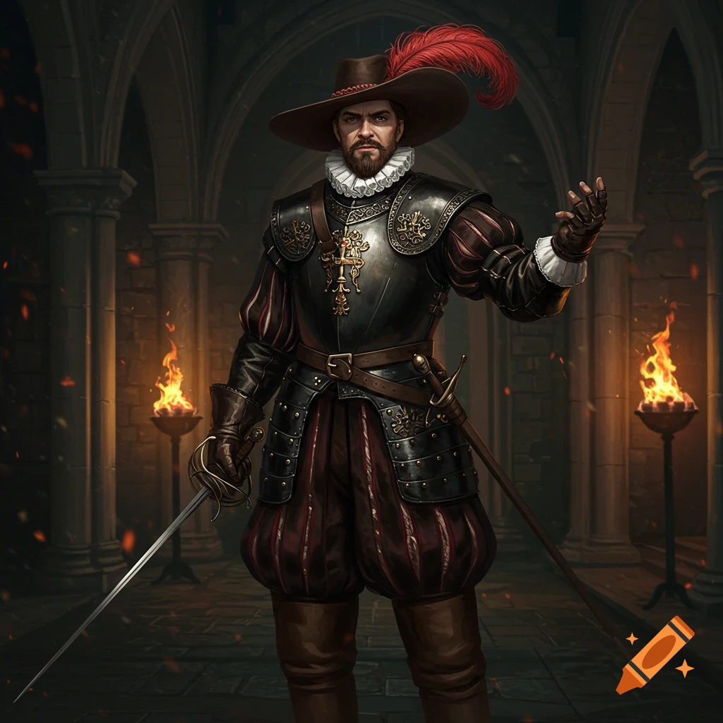 A noble Spanish conquistador in ornate armor, a feathered hat, and a ruff, holding a rapier in a dark, torch-lit hall.