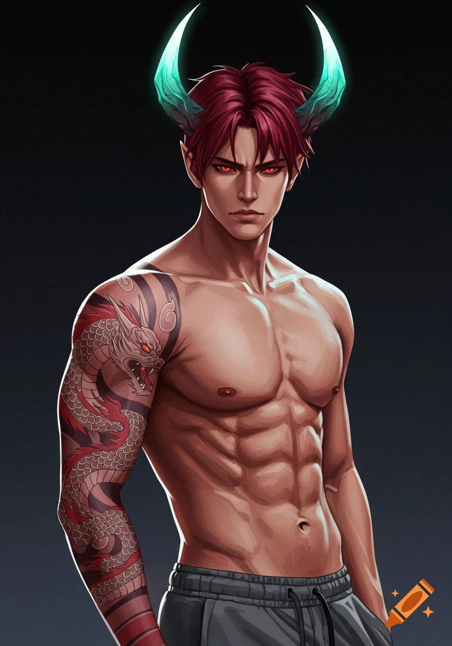 Muscular, maroon-haired male anime character with red eyes, teal horns, a dragon arm tattoo, and grey sweatpants, standing shirtless.