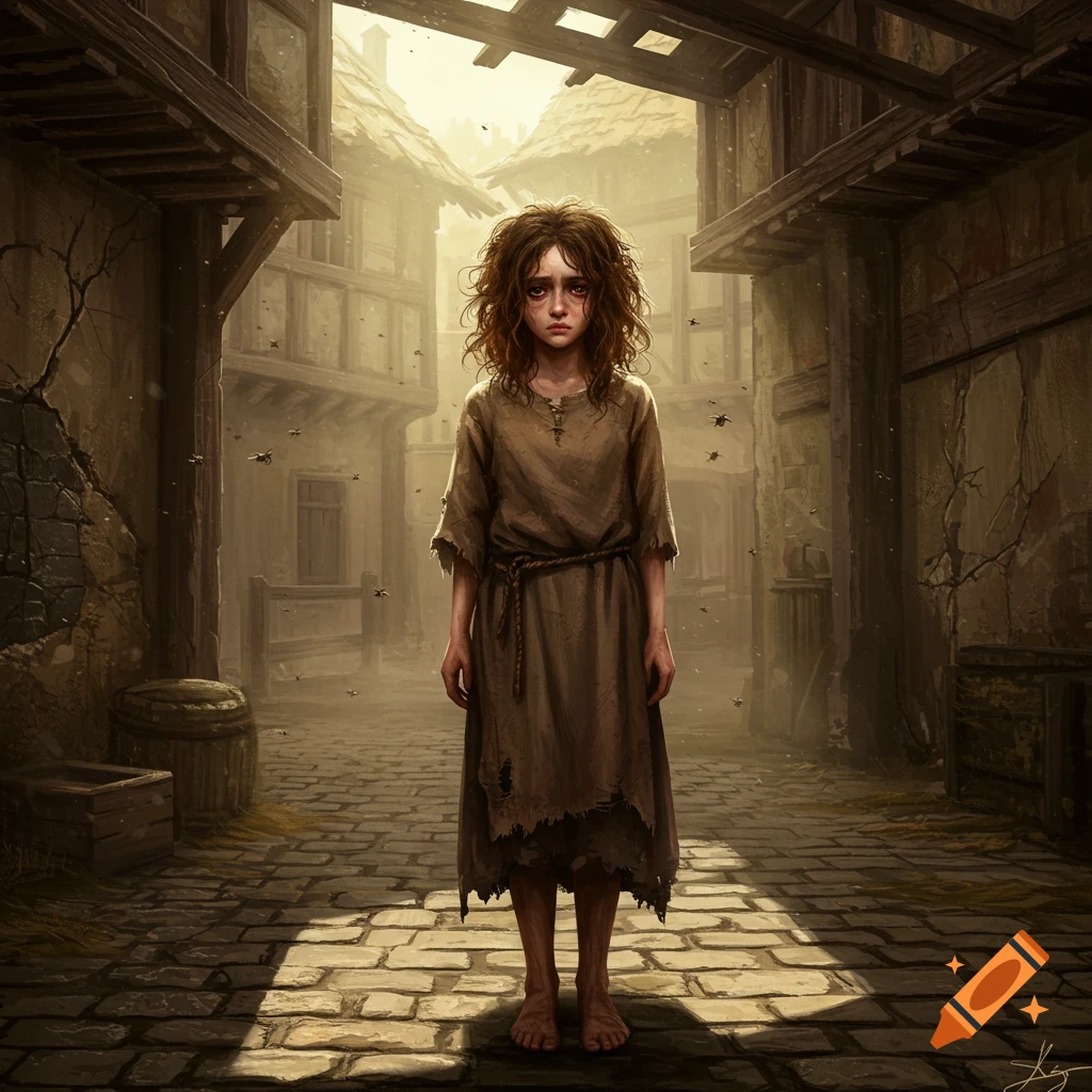 A sad, barefoot peasant girl with disheveled hair and tattered clothes stands in a dusty, cobblestone medieval street with flies buzzing around her.