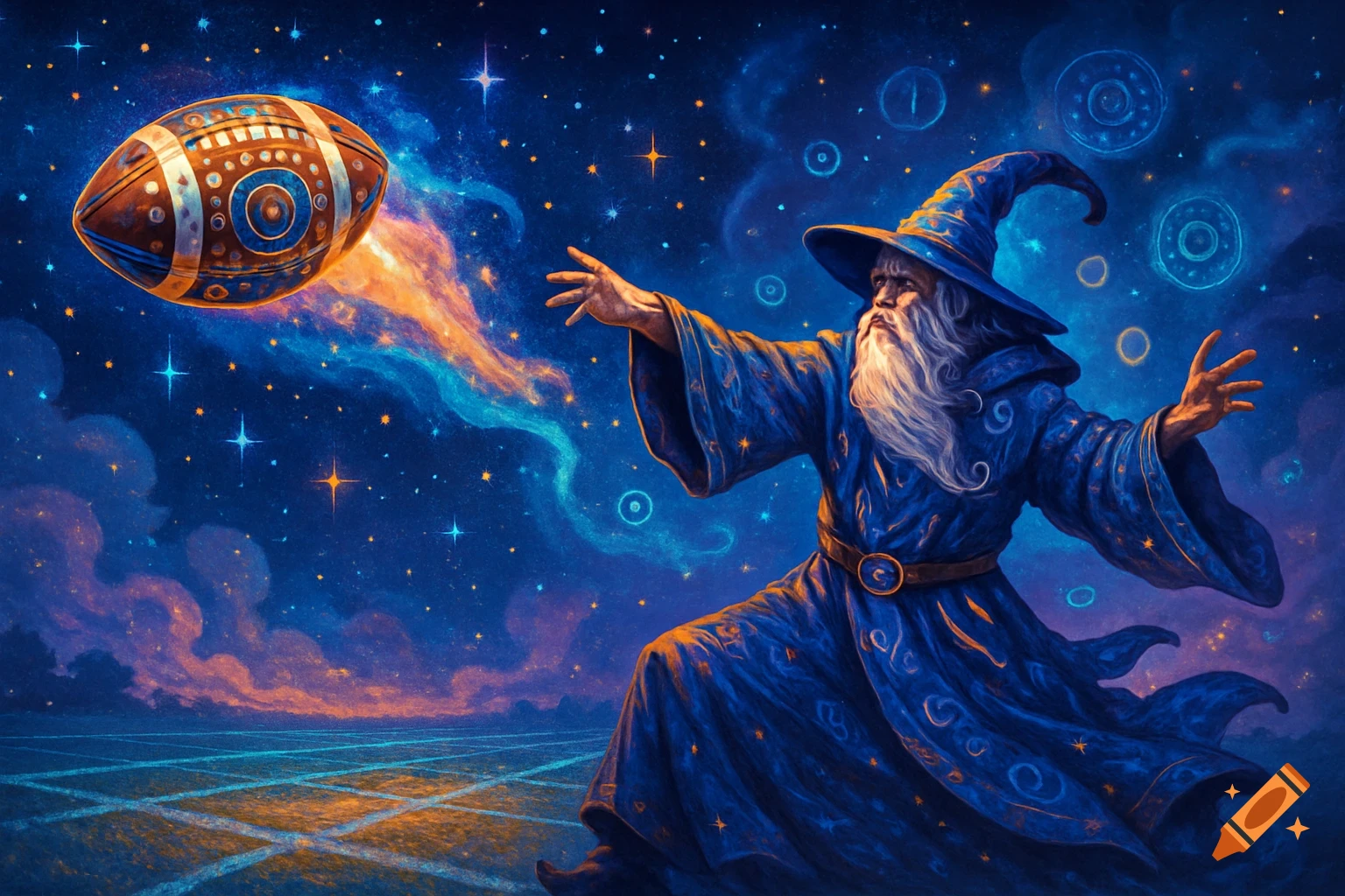 A magical wizard in a blue robe with a long white beard throws a decorative American football across a starry night sky, digital art.