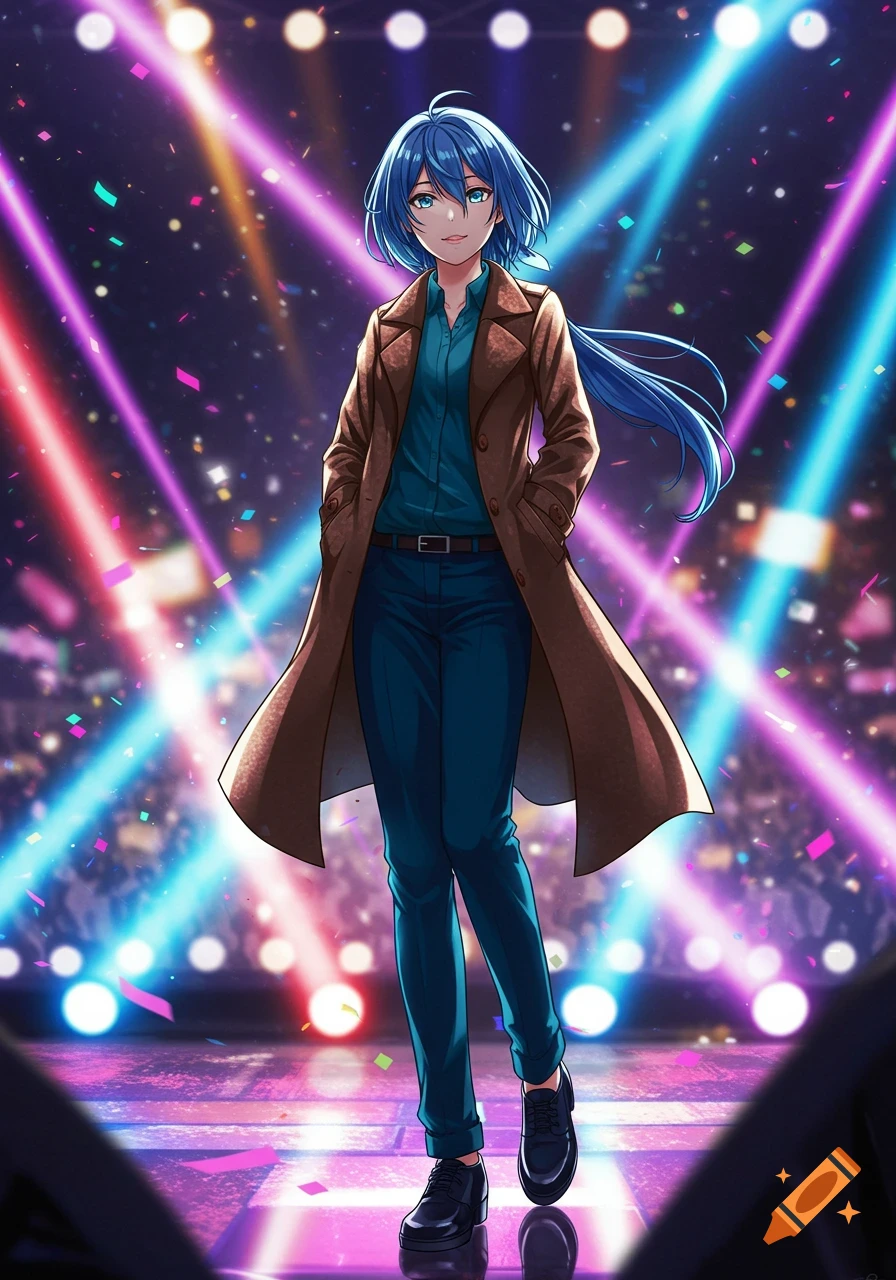 An anime girl with blue hair, wearing a brown coat and blue outfit, stands on a vibrant stage under colorful spotlights.