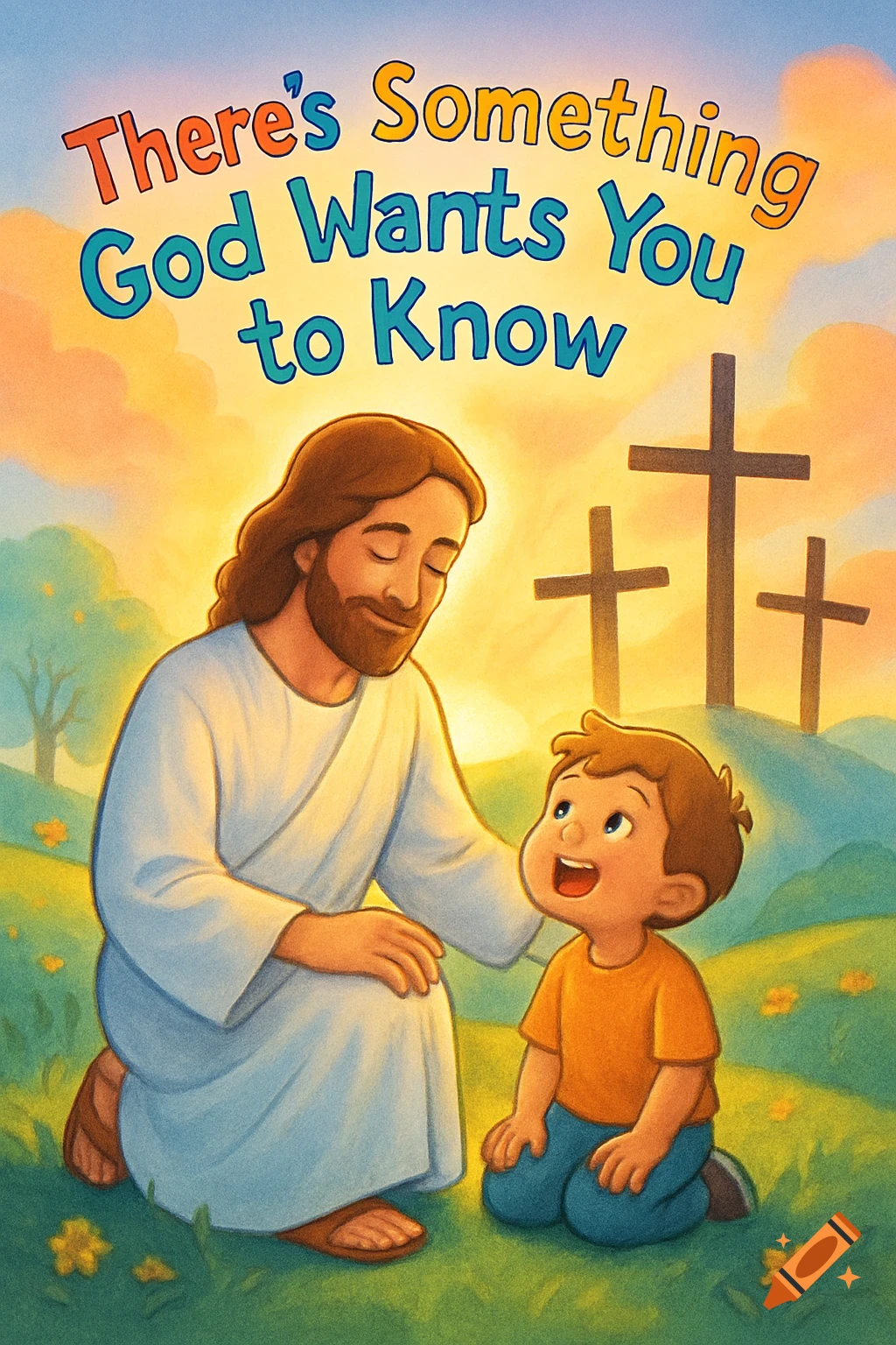 Cartoon illustration of Jesus kneeling beside a happy child, with three crosses in the background under a vibrant sky. Title reads, 'There's Something God Wants You To Know'.