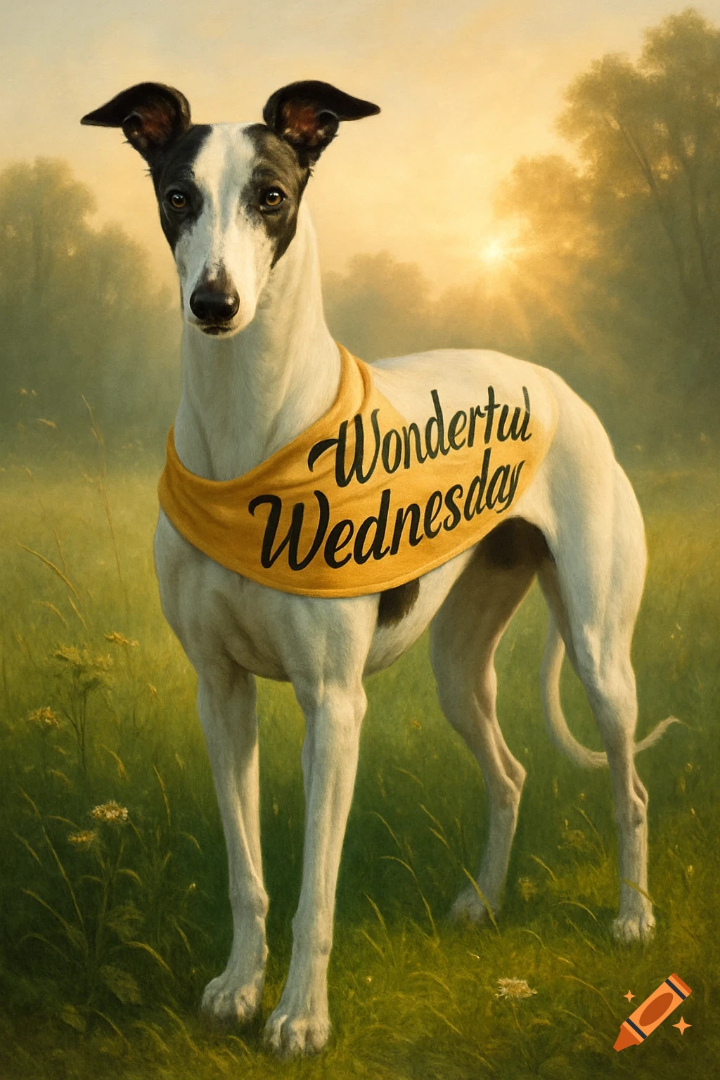 A photorealistic white Greyhound with black markings stands in a grassy field at sunset, wearing a yellow sash that says 'Wonderful Wednesday'.