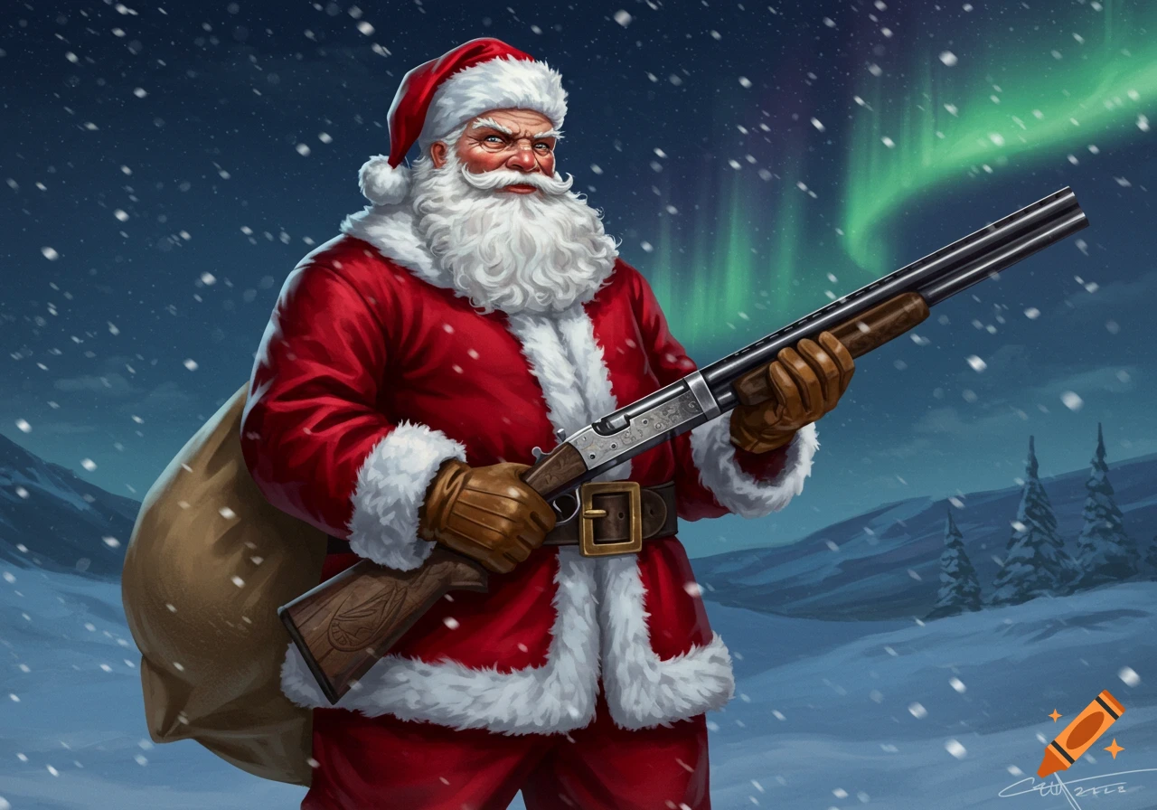 Stern Santa Claus in a red suit and white beard holds a shotgun in a snowy landscape under the Northern Lights.