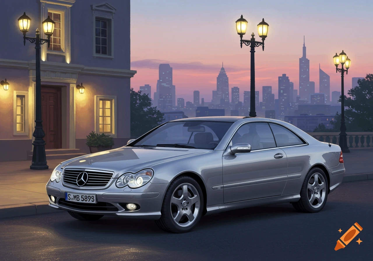 A silver Mercedes-Benz coupe is parked on a street in front of a building at dusk, with a city skyline in the background.